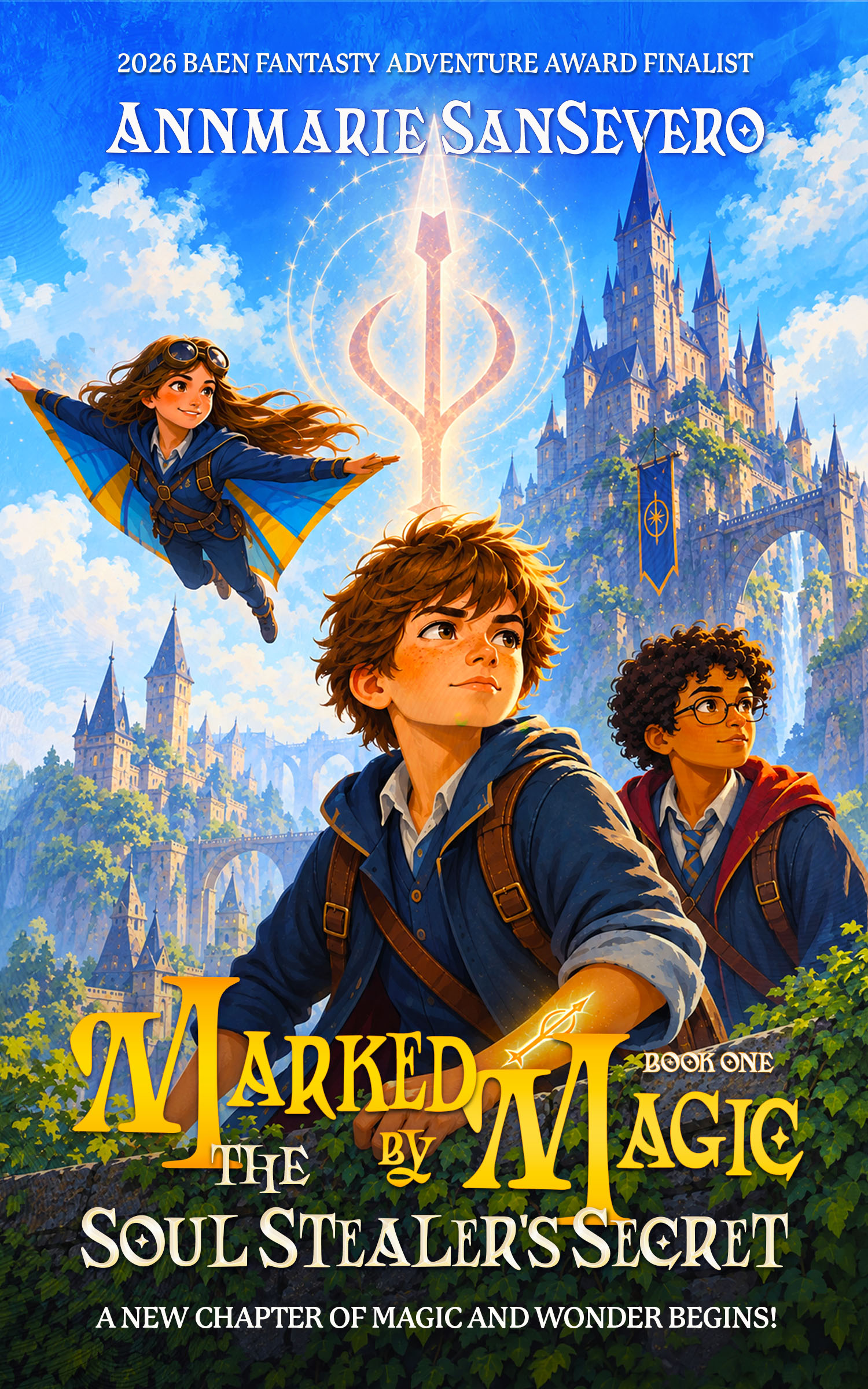 Marked by Magic middle grade book cover. Two boys. One girl in a wing suit. A palace and a giant rune